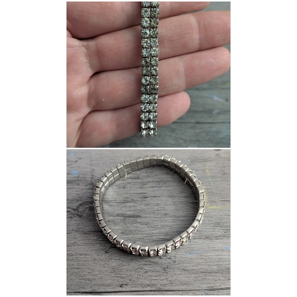 Silver Tone Double Row Rhinestone Stretch Bracelet Clear Crystal Tennis Style